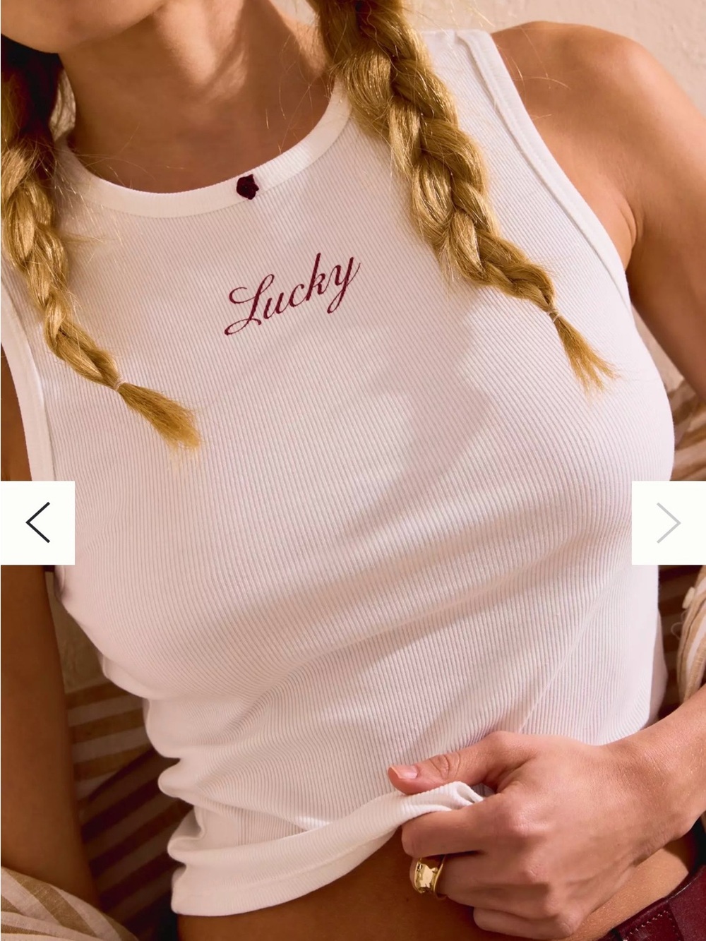 Frankie's Bikinis White Ribbed 'Lucky' Tank with Red Script